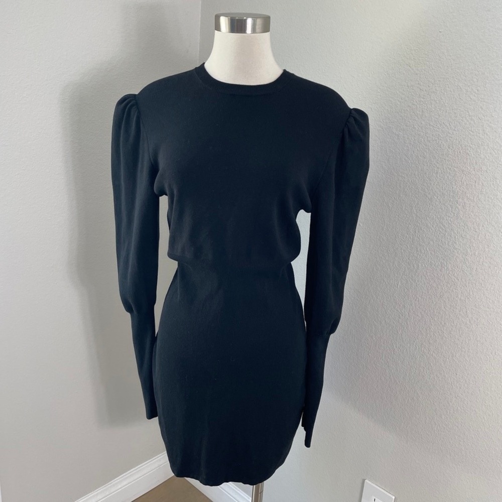 ba&sh Womens Small Lady Dress Black‎ Ribbed Knit Puff Shoulder Long Sleeve